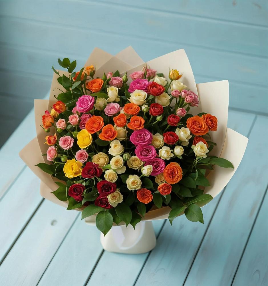 Букет Микс из разноцветных кустовых роз в Чаадаевке